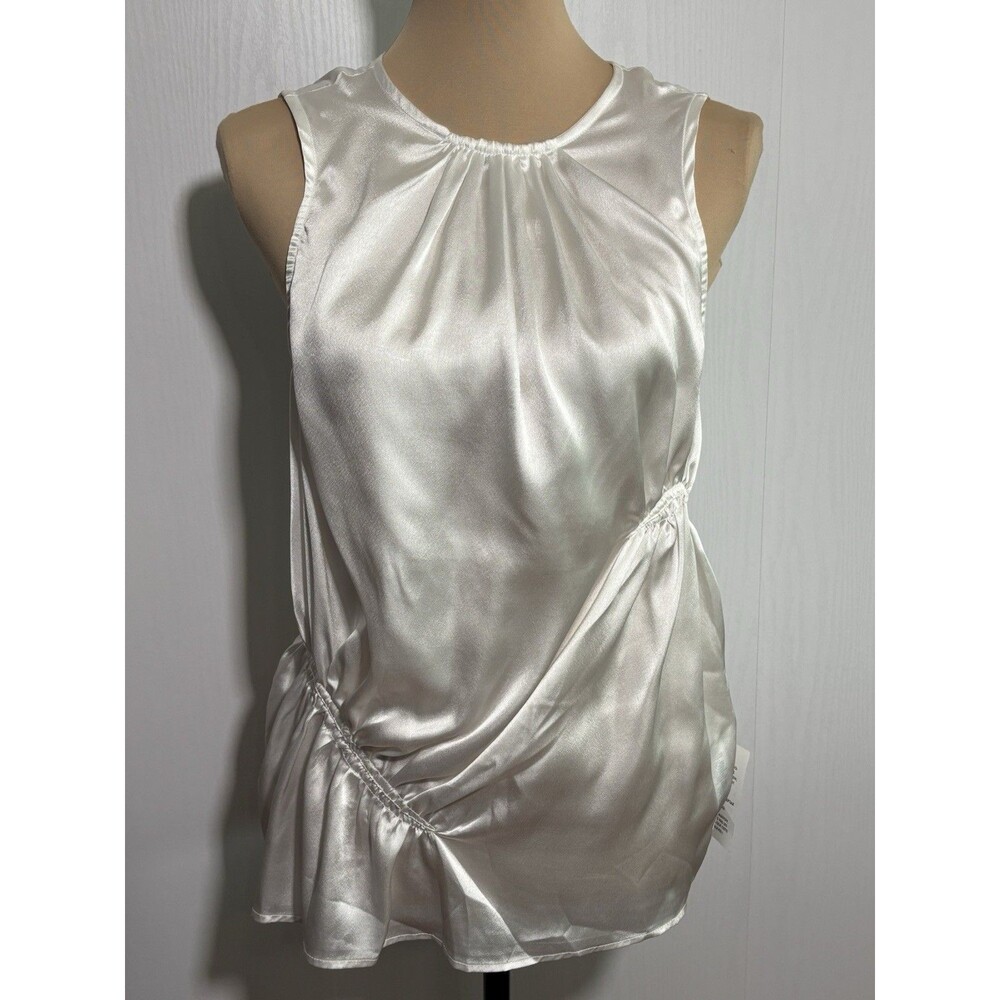 Top Shop Satin Blouse Womens 8 White Ivory Sleeveless Ruched Asymmetrical New